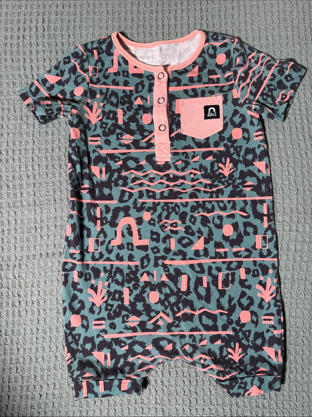 Rags to Raches Teal and Coral Short Sleeve Baby Romper 18-24mo